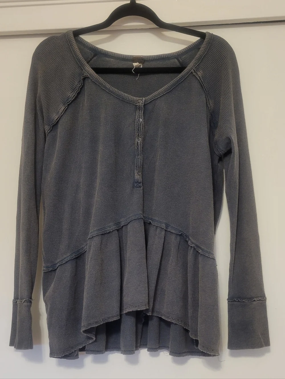 Free People We The Free Oversized Thermal Top Peplum Waffle Knit Blue Gray P/S